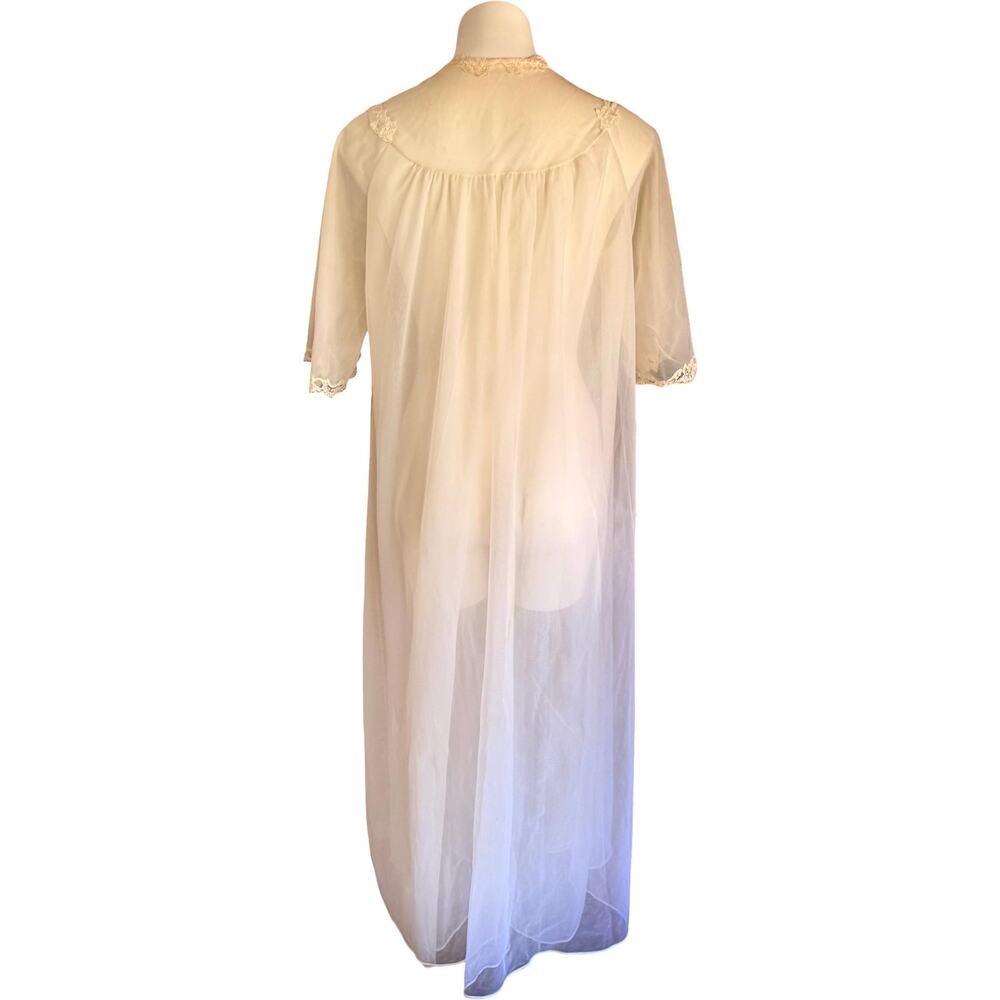 Vintage Shadowline Chiffon Robe Ivory Lace Pearl Button 1970s Peignoir Nylon S - Picture 11 of 13